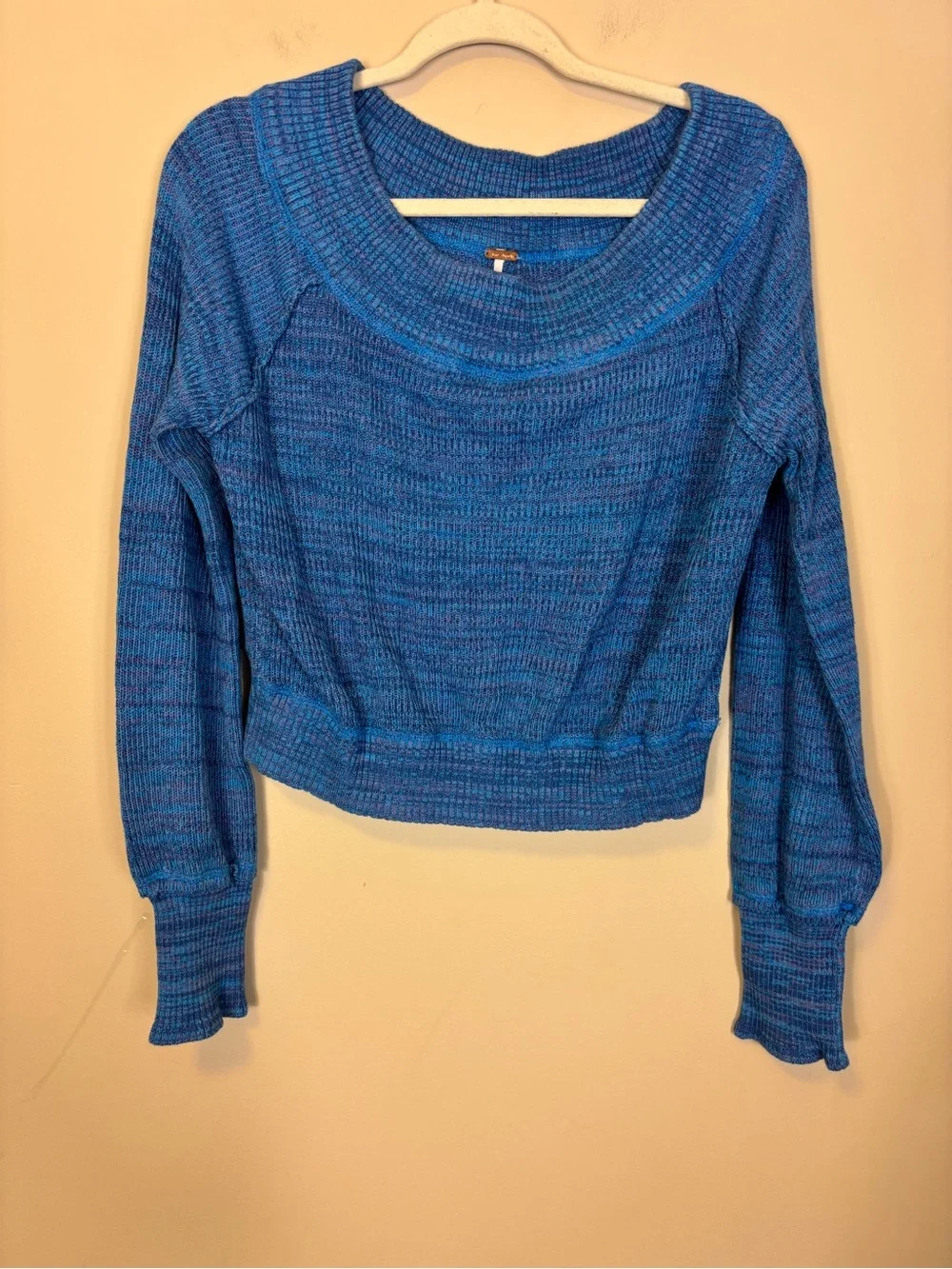 Free People Blue and Purple Cropped Boatneck Knit Sweater XL